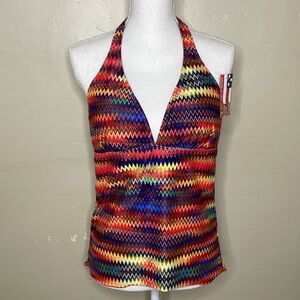 DIPPIN DAISY’S Swimsuit Top Halter Multicolor Chevron  Pattern Light Padding XL